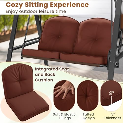 Image of Tangkula 2 Person Porch Swing, Patio Swing with Adjustable Canopy, Heavy-Duty Metal Frame & Soft Cushion, Outdoor Swing for Backyard, Garden (Brown)