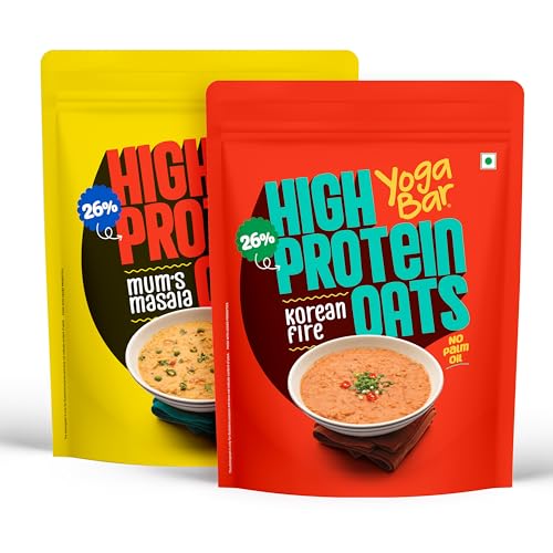 Image of Yogabar 26g High Protein Oats - Mums Masala, Korean Fire - Breakfast Cereal with Wholegrains, 26% Protein & No added sugar - Oats High Protein for Gym & Weight Management - Premium Protein Blend with Whey Protein Powder - with Goodness of Chia, Sunflower & Pumpkin Seeds & Probiotics for Absorption