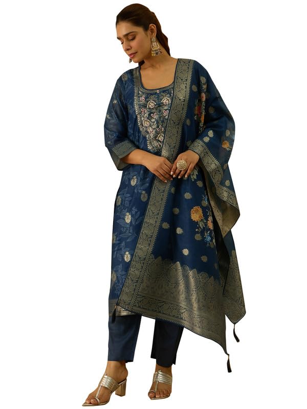 Image of VredeVogel Women's Embroidered Chanderi Silk Jacquard Straight Kurta Pant Set with Dupatta | Perfect for Festive & Casual Ethnic Wear Kurta Set