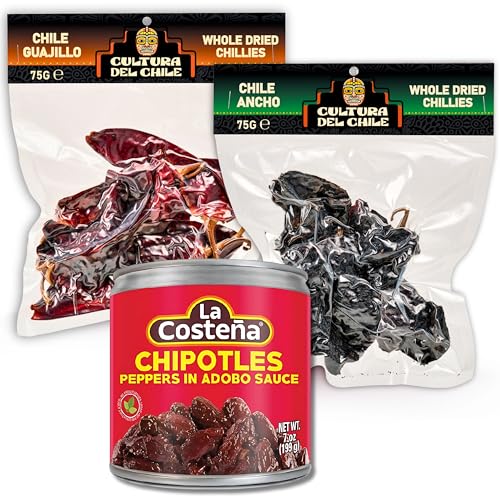 Mexican Chilli Bundle - 3-Pack of 75g Cultura Del Chile Dried Chillies: Ancho, Guajillo & La Costena Chipotle in Adobo 199g - Authentic Mexican Flavours