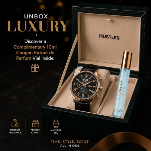 Image of Hexa Hustler Automatic Mechanical Watch for Men | Multifunction Analog Black Dial | Leather Strap | 45mm Round Case | Mineral Glass | 3ATM Water Resistant Luxury Watch