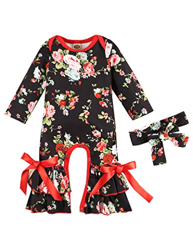 Newborn Baby Girl Clothes Outfits Romper Fold Ruffled Floral One-Piece Long Sleeved Clothing Jumpsuit 2Pcs Set(12-18M) Black