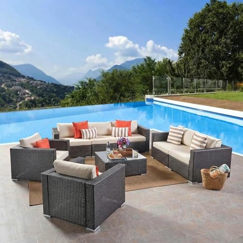 Image of Amazon Brand - Solimo Solara Outdoor 7 Seater Sofa Set | Balcony Sofa | Patio Furniture Sets | Conversation Sets | Wicker | Garden | Balcony | (Dark Brown & Cream)