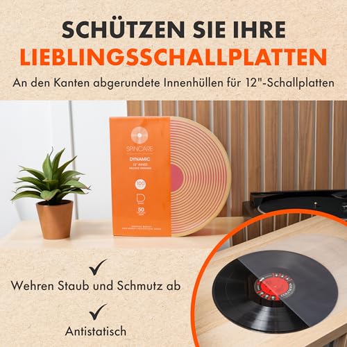 SPINCARE 100x 12 Antistatische Innenhüllen Für LP Schallplatten | Dynamic 12 Zoll Abrundungen Vinyl Schutzhüllen| Premium-Qualität HDPE 50 Mikron Dicke | 307mm x 307mm