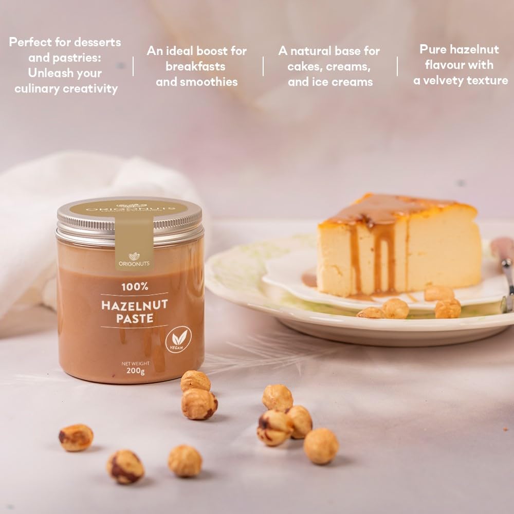 ORIGONUTS, Haselnusspaste 100%, Haselnuss Creme, Haselnussmus, Eispaste - Perfekt als Beilage zu Desserts, Enthält keine Zusätzlichen Zutaten, Geschmack durch Rösten - 200g