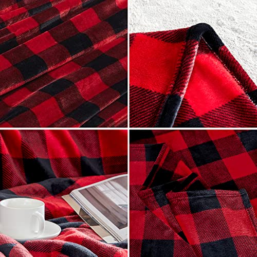 Touchat Fleece Throw Blankets, Buffalo Plaid Throw Blanket For Couch Sofa Bed, Soft Warm Fuzzy Cozy Plush Checkered Blanket, Lightweight Farmhouse Decor 50" X 60" (Red & Black) #TOP3