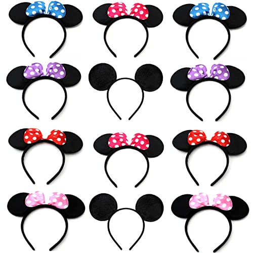 12 Pcs Oreilles Souris Noire, Mickey Oreilles, Bandeaux Minnie, Oreilles Minnie Mouse, Pour Anniversaire Baby Shower, Fournitures de Fête D'anniversaire, Les fêtes Entre Amis (Six Couleurs)