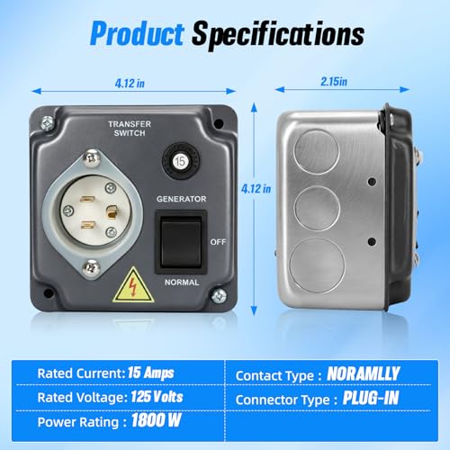 Image of 15 Amp 125V Manual Generator Transfer Switch for 120V Portable Generators, Power Stations,Solar Systems, Pre-Wired Generator Transfer Switch for Home, RV, and Outdoor Emergency Power Needs