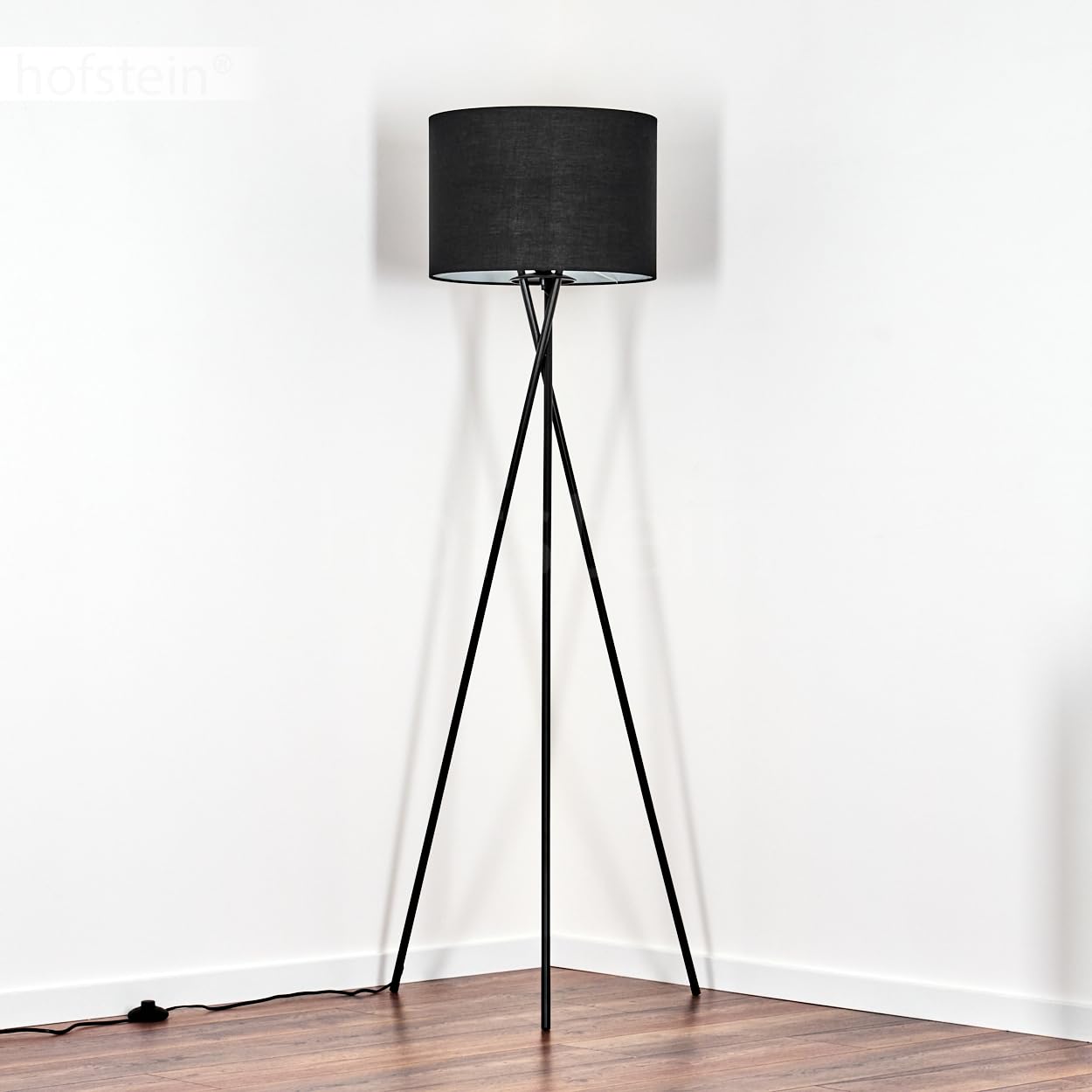 Stehleuchte Bassagoda, Stehlampe aus Metall/Stoff in Schwarz/Weiß, Leuchte im modernen Design mit rundem Schirm (Ø 40 cm) u. Fußschalter, Höhe 156 cm, 1 x E27, ohne Leuchtmittel