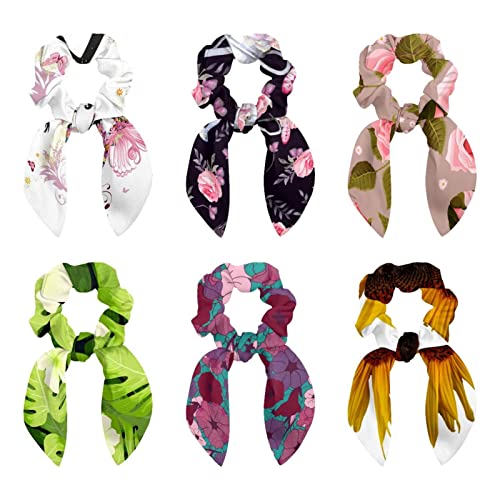 Lot de 6 chouchous en satin noir motif fleurs roses peintes avec nœud amovible oreilles de lapin