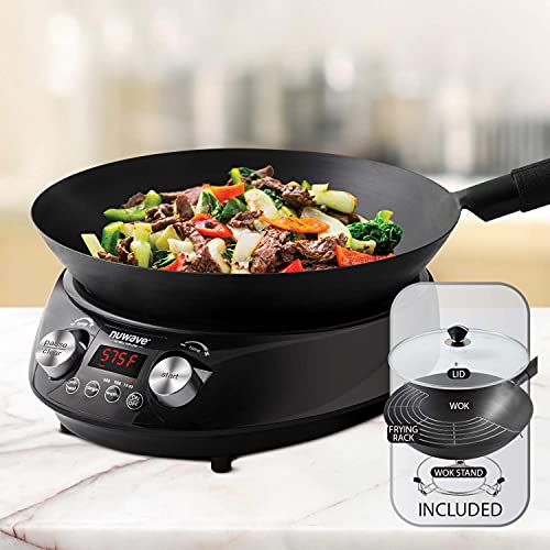 Nuwave Mosaic Induction Wok, Precise Temp Controls From 100°F To 575°F In 5°F, Wok Hei, Infuse Complex Charred Aroma & Flavor, 3 Wattages 900, 1500 & 1800, Authentic 14-Inch Carbon Steel Wok Included #TOP4