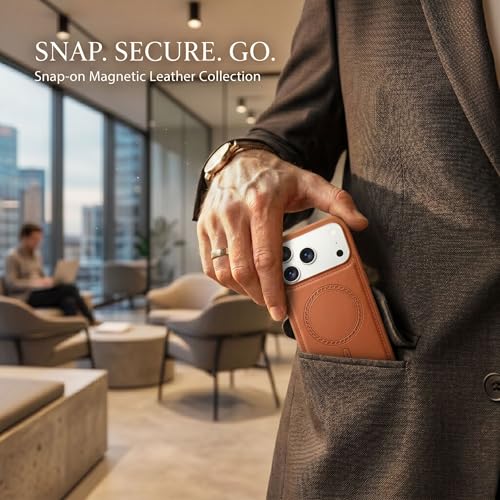 Image of amazon basics Premium PU Leather Case for iPhone 17 Pro, MagSafe Compatible Magnetic Ring, Sleek Protective Back Cover - [Tan]