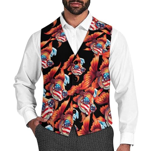 Japanese Fish USA Flag Eyesglasses Men's Suit Vest Waistcoat Vests Formal Dress with 2 Pockets for Business Casual Tuxedo