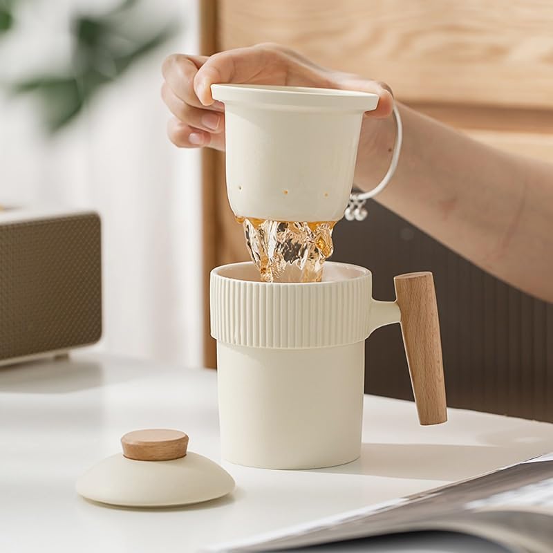 Tasse à thé Tasse à thé en céramique jaune crème, simple et personnalisée, avec poignée en bois et couvercle filtrant Récipient de trempage(C)