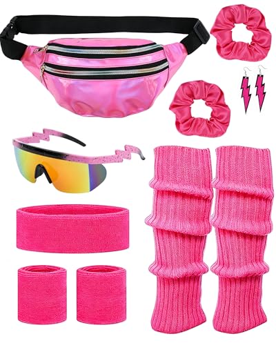 ETOFETE 80er Jahre Outfit Damen Accessoires 9 Stück Set mit Bauchtasche Armbänder Beinwärmer Stirnband Brille Blitz-Ohrringe Retro 80er 90er Kostüm Zubehör für Neon Fasching Party