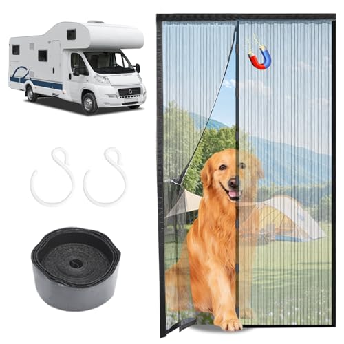 Rv Screen Door Mesh with Hooks Magnetic RV Door Mosquito Net Screen with Magnet Compatible with Forest River Grand Design Keystone Jayco Coachmen - Black Bug Screen for Camper Doorway