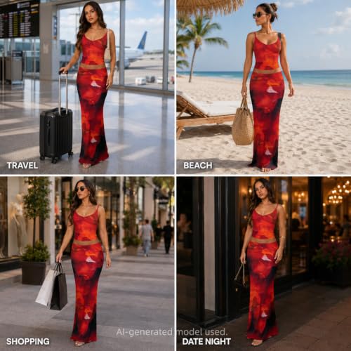 Image of Two Piece Skirt Set for Women - Sexy Sleeveless Spaghetti Strap Pleated Tank Top Maxi Long Skirts Sets