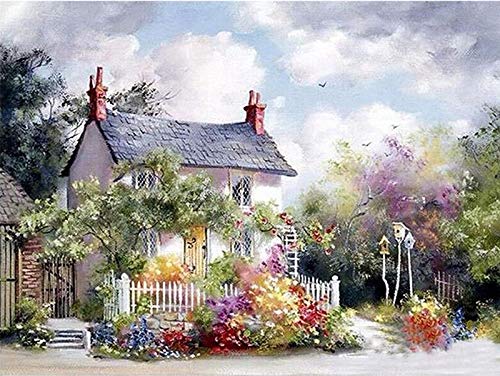 Zimal 5D Round Diamond Painting Country Cottage Garden House Scenery Embroidery Cross Stitch Adornment Wall Stickers Home Decoration 11.8 X 15.8 Inch