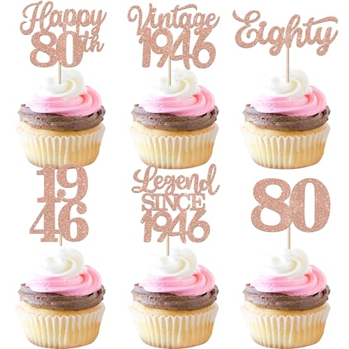Rsstarxi 48 Pack Vintage 1946 Cupcake Toppers Legend Since 1946 Eighty Cupcake Picks Happy 80th Number 80 Cupcake Topper for 80th Birthday Wedding Anniversary Party Cake Decorations Supplies Rose Gold