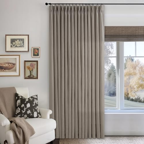 Image of 96 Inch Curtains 70 Inch Width Pinch Pleated Thick Linen Taupe 1 Panel | Light Filtering, Privacy, Semi Sheer, Extra Wide, Patio Sliding Glass Door, Hooks Rings, Back Tab, Living Room, 70x96 Drapes