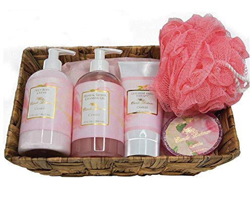 Camille Beckman Essentials Gift Basket, Camille, Glycerine Hand Therapy 6 oz, Silky Body Cream 13 oz, Hand and Shower Cleansing Gel 13 oz, Glycerine Soap 3.5 oz