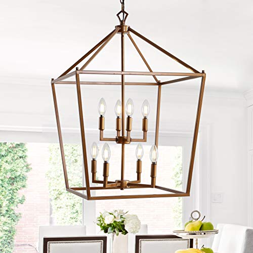 Image of JONATHAN Y Pagoda 8-Light Pendant 20 inch Cage, Antique Gold | Traditional Metal Farmhouse Hanging Lantern Ceiling Fixture, Adjustable Chain Link, For Kitchen Island, LED Bulb Included