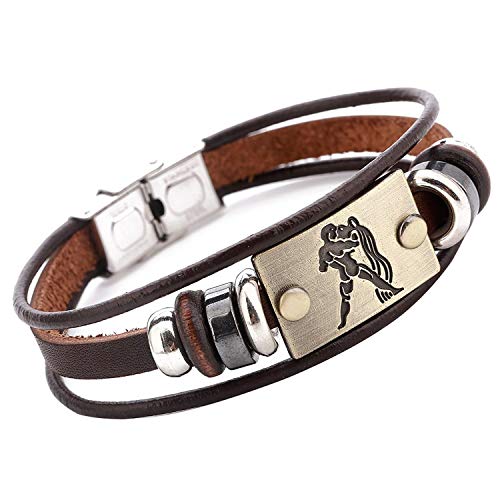Image of Young & Forever Zodiac Sign Multi-Strand Genuine Leather Bracelet for Men & Boys - Adjustable Tribal Wristband with Antique Metal Charm