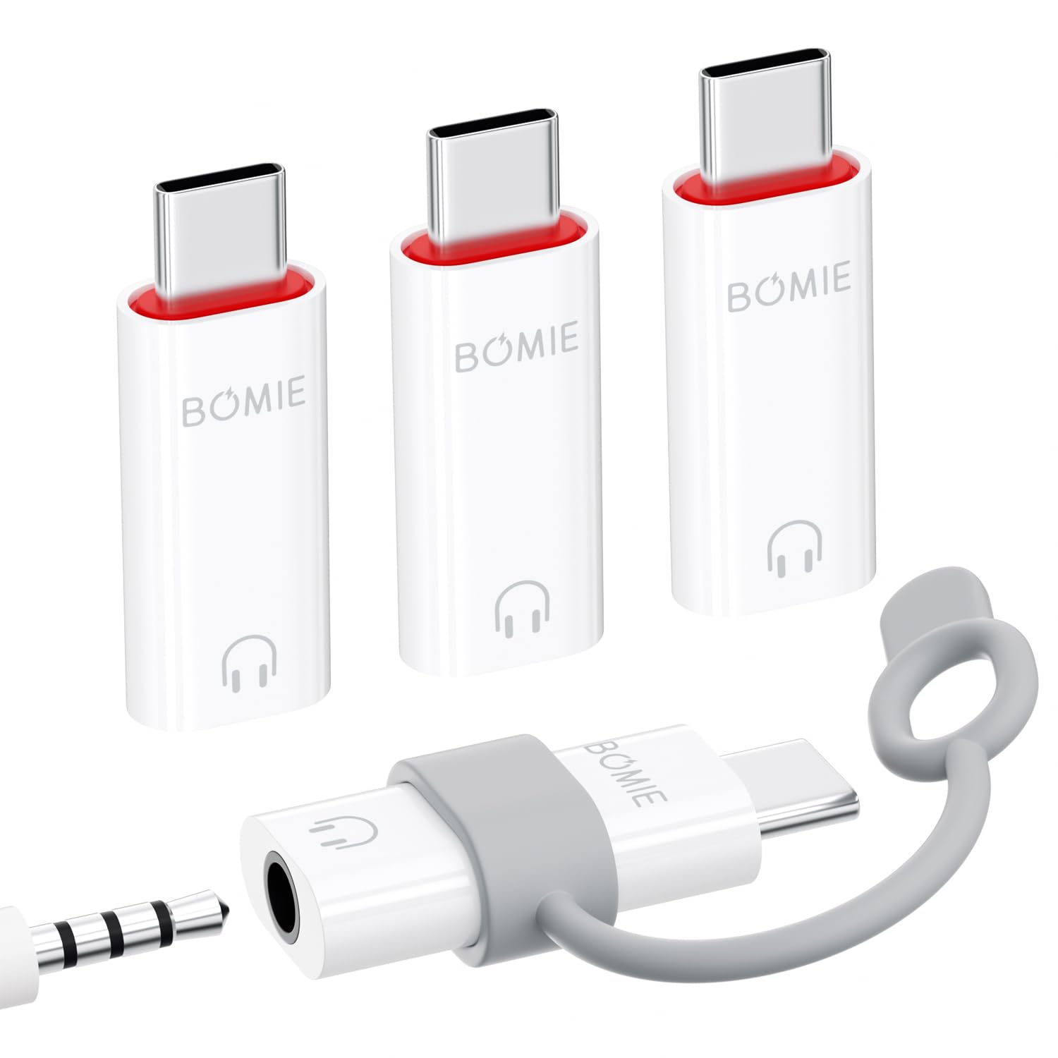 BOMIE Adattatore da USB C a jack audio per cuffie da 3,5 mm, confezione da 4 pezzi, chip decodificatore DAC di qualità del suono senza perdite, jack per cuffie da 3,5 mm femmina a tipo c maschio
