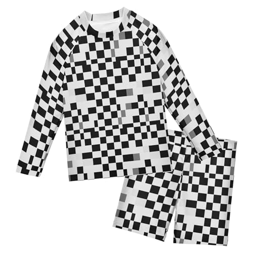 Black and White Buffalo Check Plaid Baby Boys' Toddler Long Sleeved Rashguard Swim Bathing Suit Set B0403940