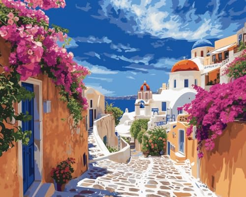Image of Moohue Needlepoint Kits 14CT Counted Stamped Cross Stitch Kits for Adults Advanced House Street Flowers Cross Stitch Patterns (Beautiful Street)