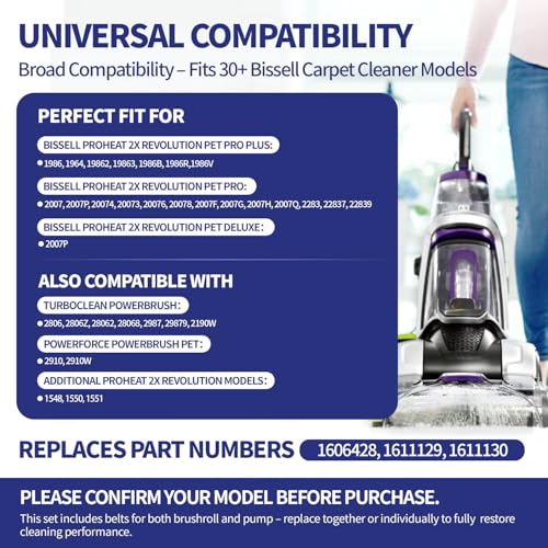 Image of Replacement Belt Set for Bissell ProHeat 2X Revolution Pet Pro Carpet Cleaner Fits 1986 1548 1551 2007 1964 2007P Replaces 1606428x2, 1611129x1, 1611130x1 3 Types: Flat, Brush & Gear Belts (4Pack)