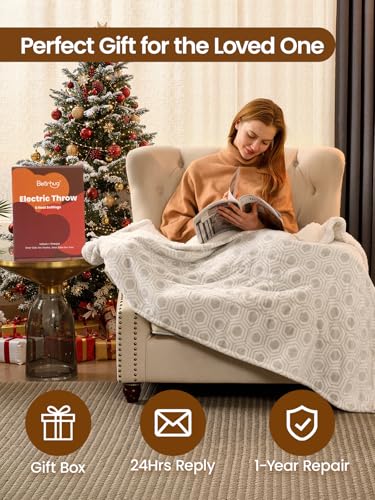 Image of Bearhug Electric Blanket Throw Size, 50 inch x 60 inch Heated Blanket with 6 Heating Levels & 4H Auto Shut-Off, Machine Washable Soft Velvet to Sherpa Reversible Heated Throw for Office, Couch and Sofa