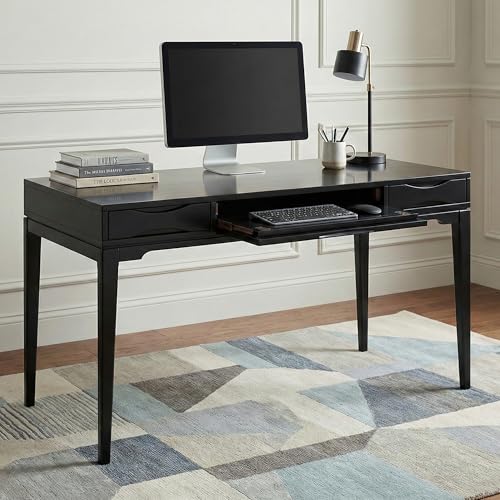 Image of SIMPLIHOME Harper Desk - 60 Inch Wide Solid Wood Writing Desk in Black, Mid-Century Modern Home Office Computer Table for Workspace or Study with 2 Drawers and Flip-Down Keyboard Tray