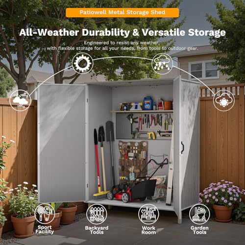Image of Patiowell Plastic Outdoor Storage Shed with Floor, 5 x 3 FT Patio Outdoor Storage Cabinet with Stable Roof & Lockable Doors, Waterproof Resin Shed for Tools, Patio Furnitrue Accessories, Light Gray
