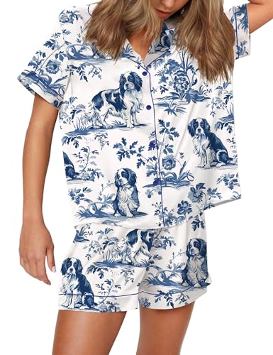 Image of SHESHOW Satin Pajamas for Women Set Preppy Animals Pjs Short Sleeve Shorts 2 Piece Loungewear Sets XS-XXL