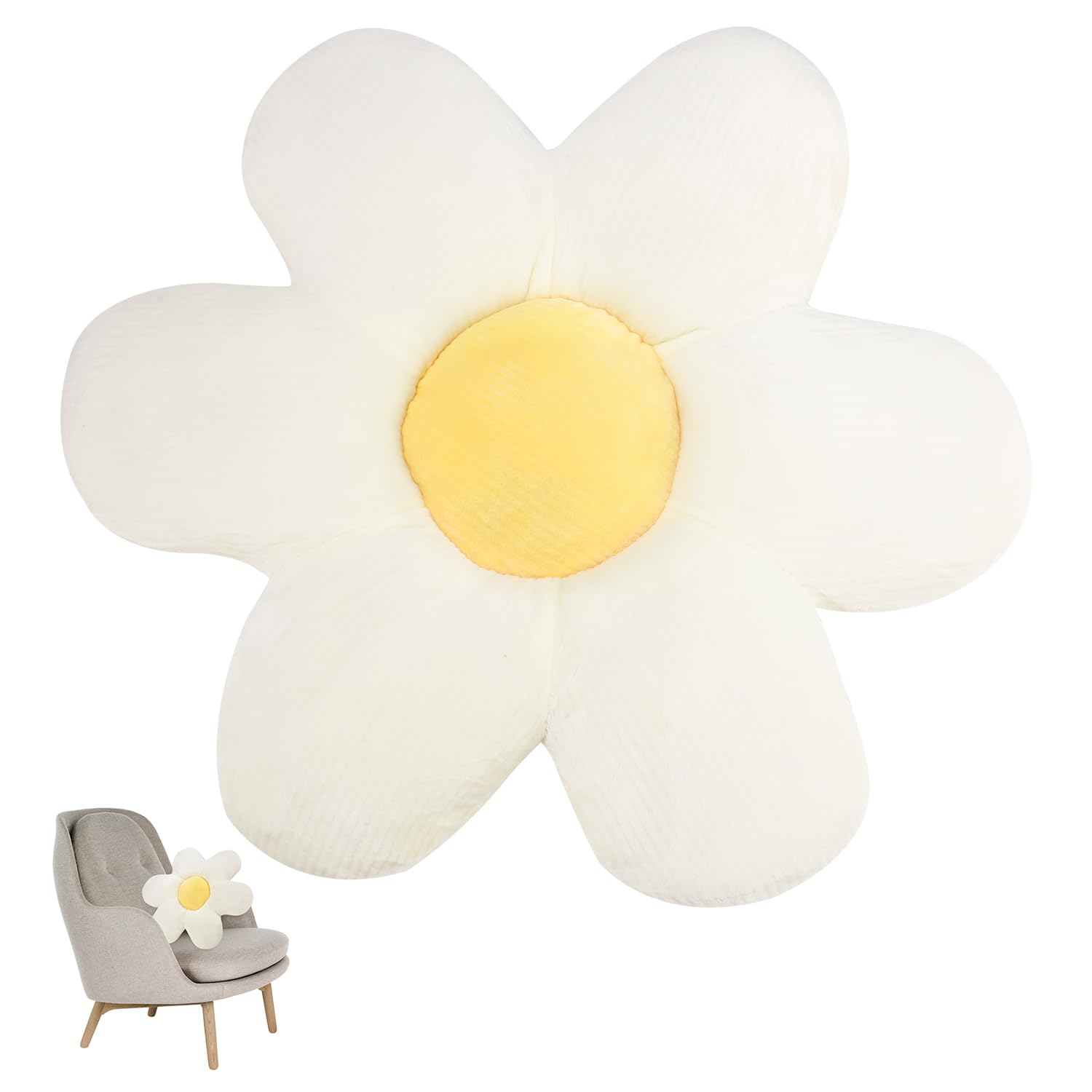 Cojín de suelo con flores, cojín de tatami en forma de flor, decoración de felpa estética para decoración del hogar, salón, dormitorio, habitación de los niños (blanco y amarillo)