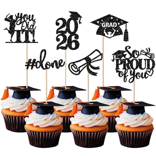 24 Stück 2026 Abschluss Tortendeko, 2026 Graduation Cupcake Toppers So Proud of You Kuchen Deko Grade Cap Torten Dekorationen für 2026 Abschluss Party Kuchen Dekoration Schwarz