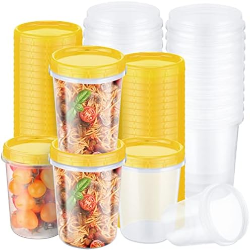 24 Pcs 32 oz Freezer Containers for Food with Twist Top Lids Reusable Plastic Soup Food Containers with Screw on Lids Leakproof Round Containers for Juice Condiments Fruit Snacks Leftovers (Yellow)