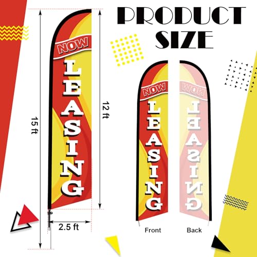 Hillsuren 8 Pack Now Leasing Feather Flag Pole Kit Include 15 ft Now Leasing Flag Banner with Poles, Heavy Duty Ground Stake Real Estate Advertising Sign for Business Advertisement by Hillsuren - Used condition - Image 2