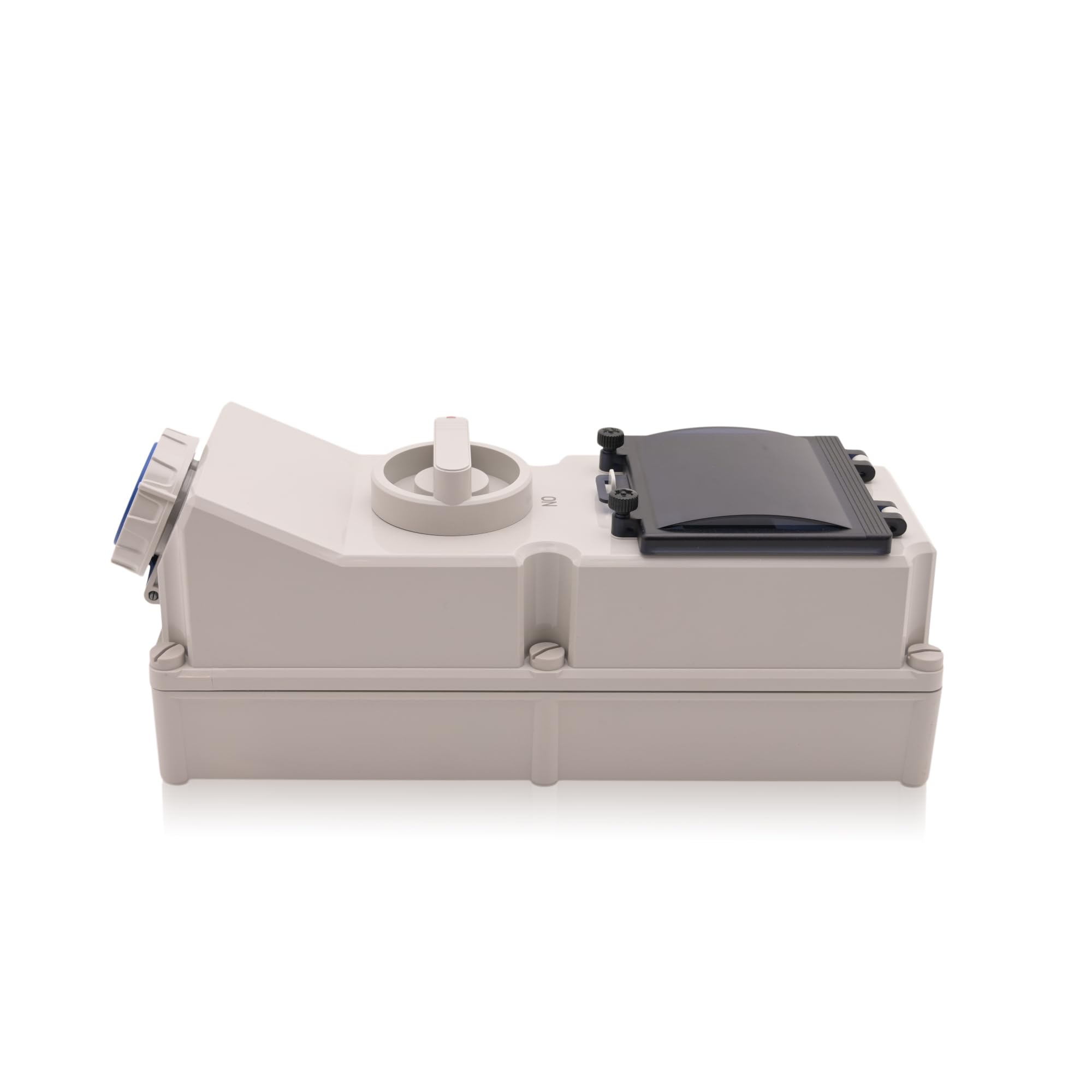 Intratec CEE Wandsteckdose 16A 3-polig IP67 – Schalter abschließbar, DIN-Schiene für LS/FI, vorverdrahtet, 230V AC, Abdeckung transparent, ABS-Gehäuse Grau