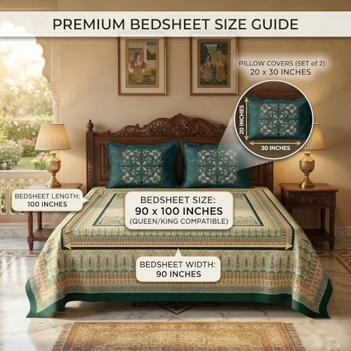 Image of SANMARINO Heritage Collection 280 TC Cotton Double Bedsheet with 2 Pillow Covers (90 x 100 Inches Bedsheet, 20 x 30 Inches Pillow Covers), Soft Breathable Flat Bed Sheet for King Bed-Emerald Green