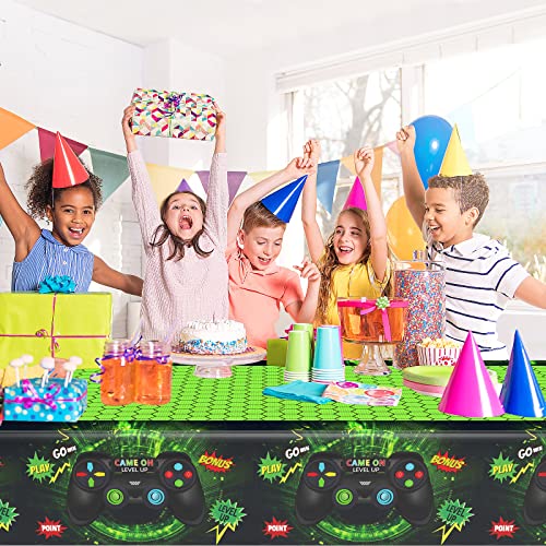 Video Game Tablecloth 3 Pieces, Green Game Controller Table Covers For Gaming Theme Party, Printed Disposable Plastic Table Decoration For For Kids Player Geek Game Themed Party Decoration 54X108Inch #TOP6