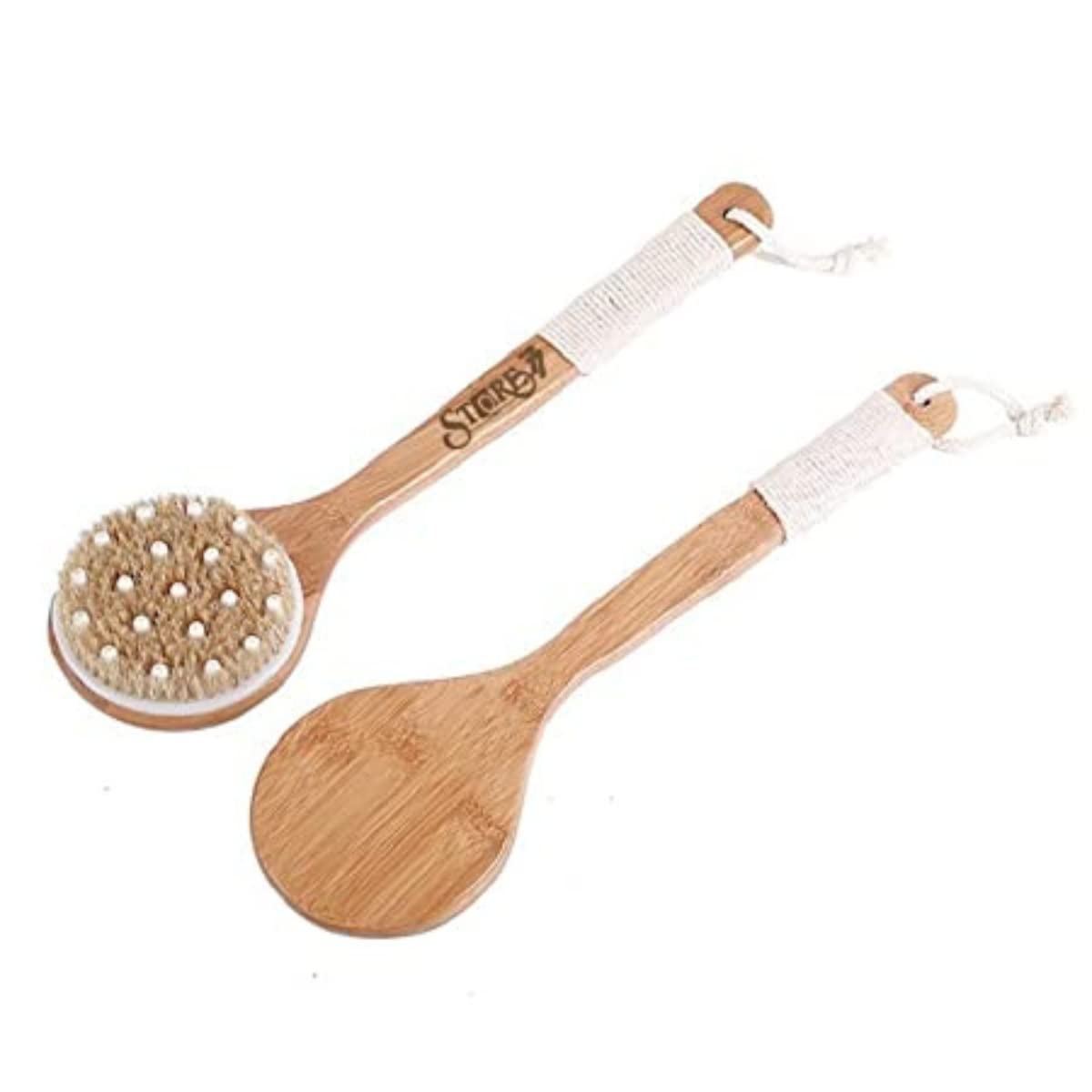 Bathing Brush Bristle Long Handle Bath Brush Rubbing Back Curved Wooden Rod Arc Soft Bead Brush Bath Body Brush for Dry Skin Back Scrubber Boar Bristles Bath Brush with Massage Nodes