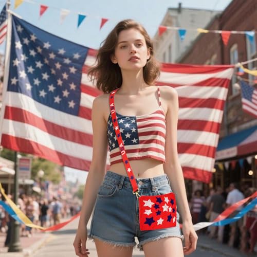 Image of 4th of July Purse for Women Sequin Beaded USA Star Purse American Flag Crossbody Shoulder Bag 4th of July Outfits