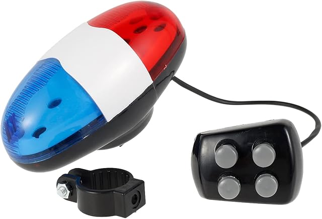 Hands DIY Bicycle Police Siren Bike LED Bicycle Police Sound Light 4 Sounds Melody Bicycle Power Horn Siren Bell 6-LED Strobe Blue and Red Bicycle Safety Light for Mountain Bike Road Bike
