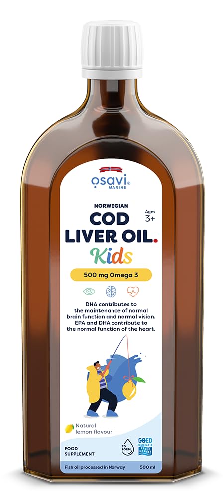 Osavi Norwegian Cod Liver Oil Kids – 500 ml | 500 mg Omega–3| Supports Brain Function, Vision, Heart Health, Immune System | Includes 135 µg Vitamin A | Lemon Flavour | Made in Norway
