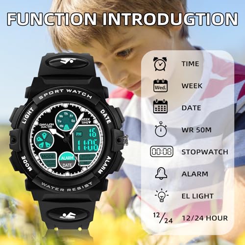 Image of Dayllon Boys Watch,Kids Watch for 5-15 Year Old Boys,Digital Sport Outdoor Multi Function Waterproof with LED Alarm Calendar Analog Watch for Kids Gifts