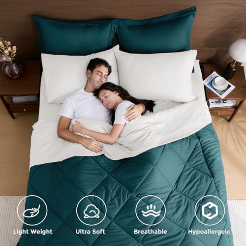 HEVUMYI Full Comforter Set - 7-Piece All Season Bed in a Bag Full, Ultra Soft Bedding Set with Comforter, Flat Sheet, Fitted Sheet, Pillowcases, Pillow Shams, Peacock Blue & Ivory