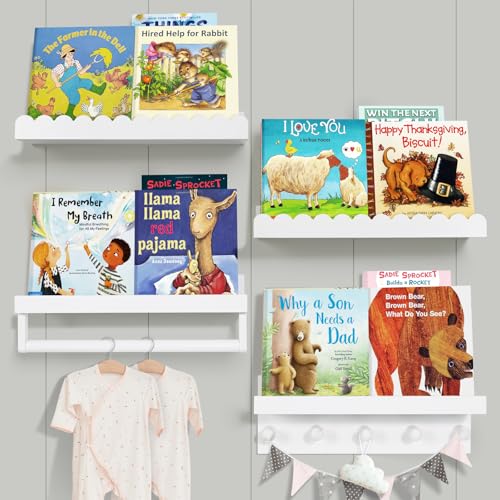 Ollieroo Set of Four Floating Book Shelves for Wall Nursery Book Shelf for Kids Room Bamboo Wood Hanging Bookshelf for Baby Teen Boys Girls Wall Mounted Shelves for Bedroom Bathroom DecorWavy