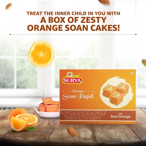 Image of HF, Surya Orange Soan Papdi- 400g | No Added Preservatives or Colours | Made with Fresh Besan, Almond & Pistachio Garnish, Melt-in-Mouth Mithai Box